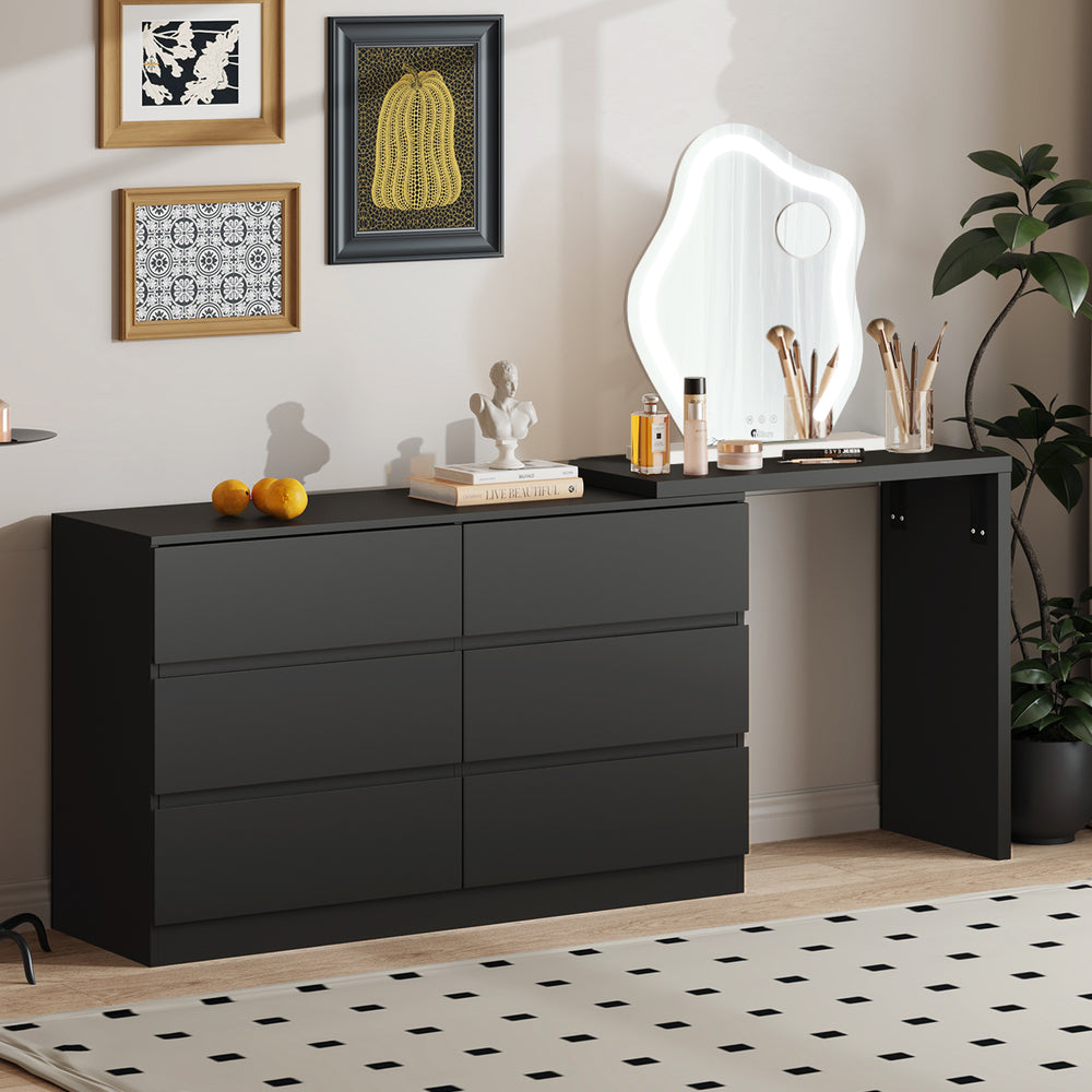 Oikiture 6 Chest of Drawers Dresser with Side Table Black-Chest of Drawerss-PEROZ Accessories