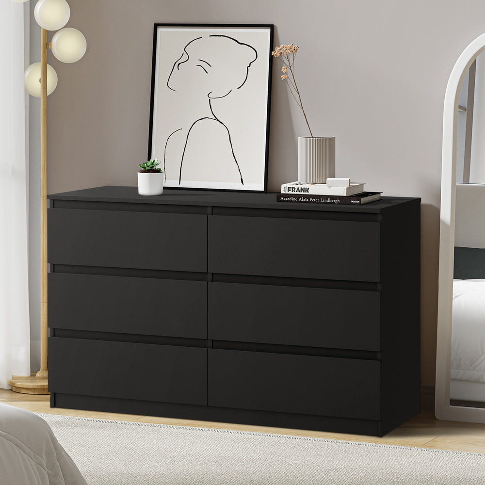 Oikiture 6 Chest of Drawers Lowboy Dresser Table Bedroom Black-Chest of Drawers-PEROZ Accessories