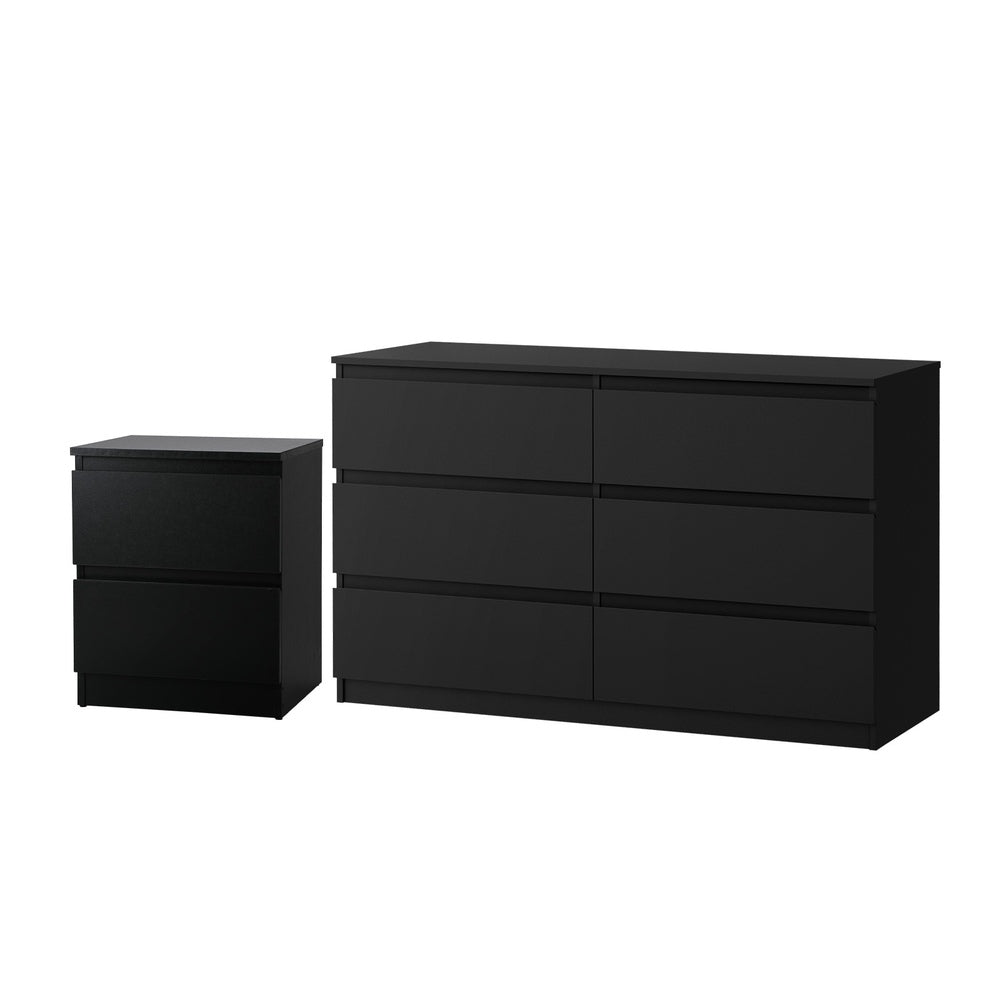 Oikiture 6 Chest of Drawers and Bedside Table Cabinet Bedroom Set Black-Chest of Drawerss-PEROZ Accessories