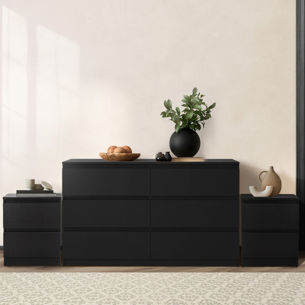 Oikiture 6 Chest of Drawers and 2 Bedside Tables Bedroom Set Black-Chest of Drawerss-PEROZ Accessories