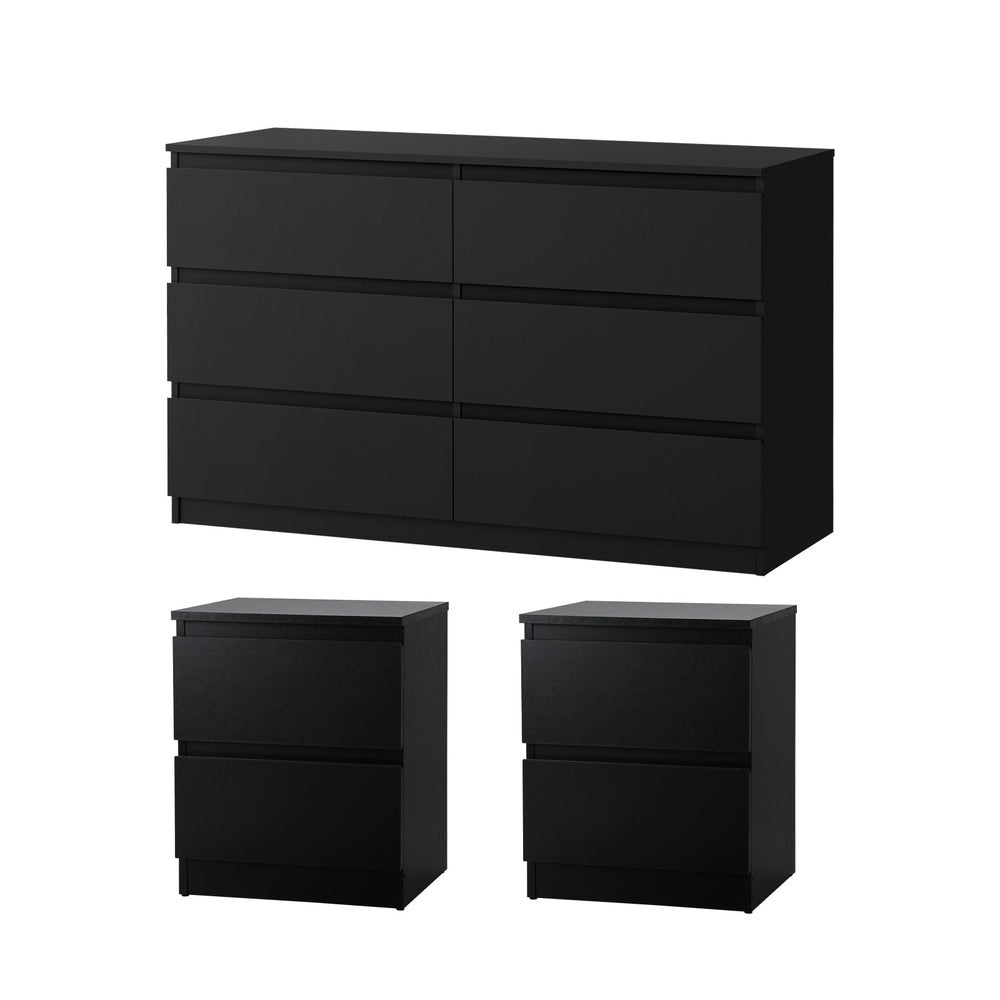 Oikiture 6 Chest of Drawers and 2 Bedside Tables Bedroom Set Black-Chest of Drawerss-PEROZ Accessories
