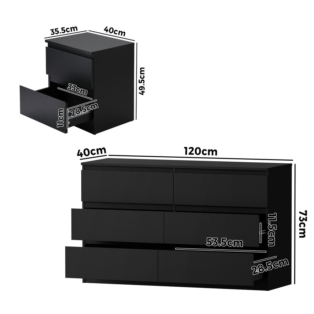Oikiture 6 Chest of Drawers and 2 Bedside Tables Bedroom Set Black-Chest of Drawerss-PEROZ Accessories