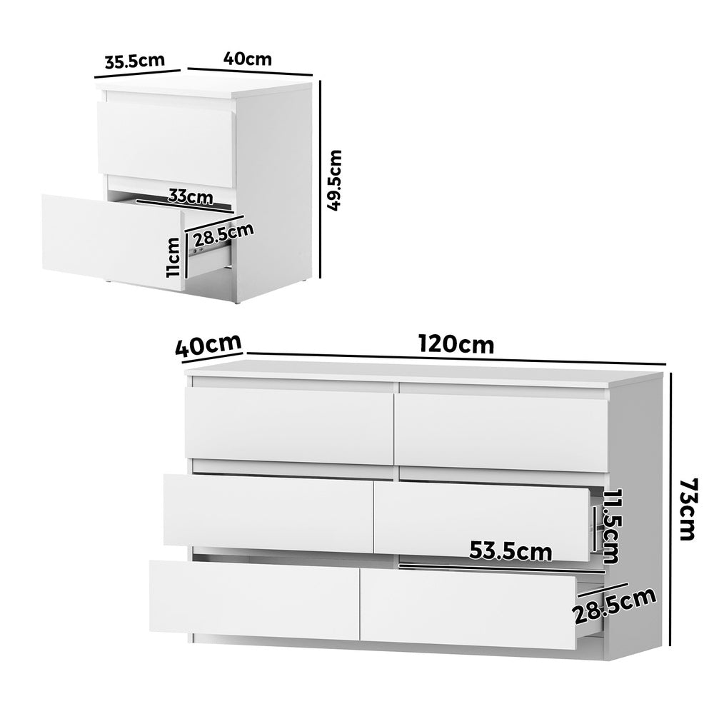 Oikiture 6 Chest of Drawers and 2 Bedside Tables Bedroom Set White-Chest of Drawers-PEROZ Accessories