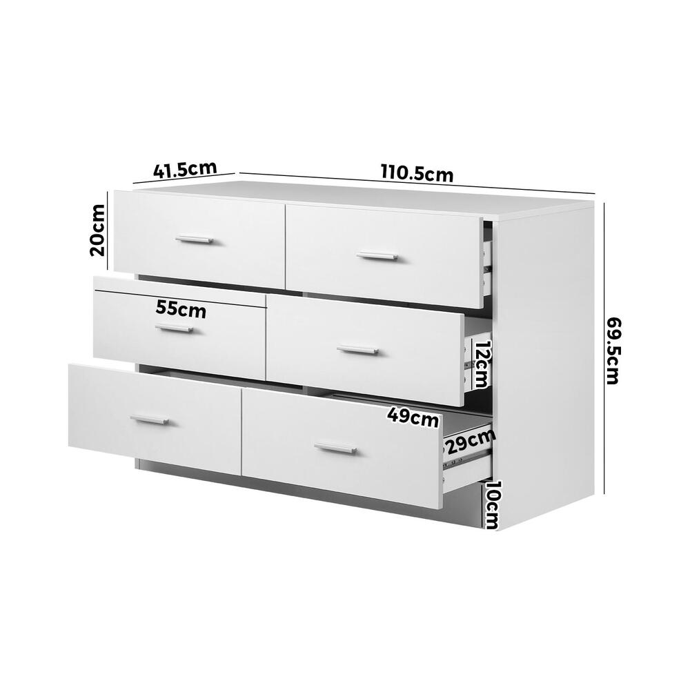 Oikiture 6 Chest of Drawers Tallboy Dresser Table Lowboy Storage Cabinet White-Drawers-PEROZ Accessories