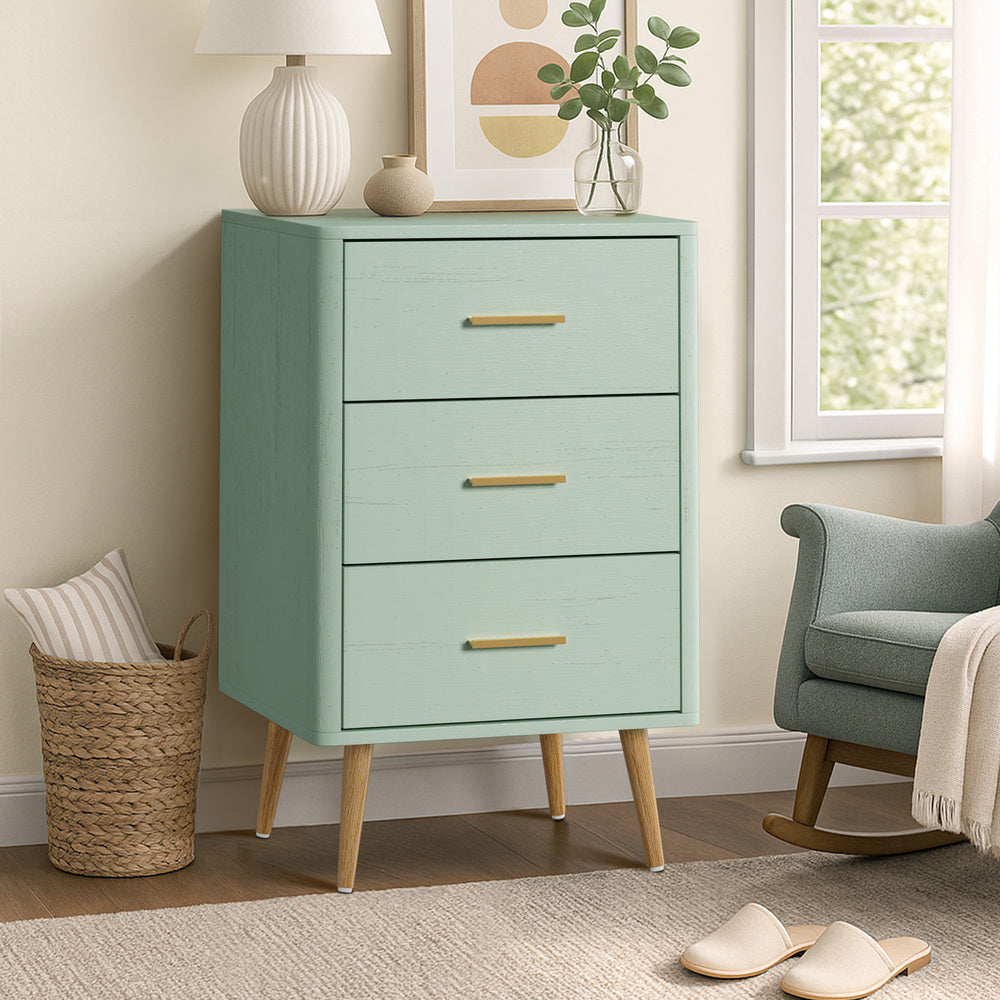 Oikiture 3 Chest of Drawers Tallboy Green-Chest of Drawerss-PEROZ Accessories