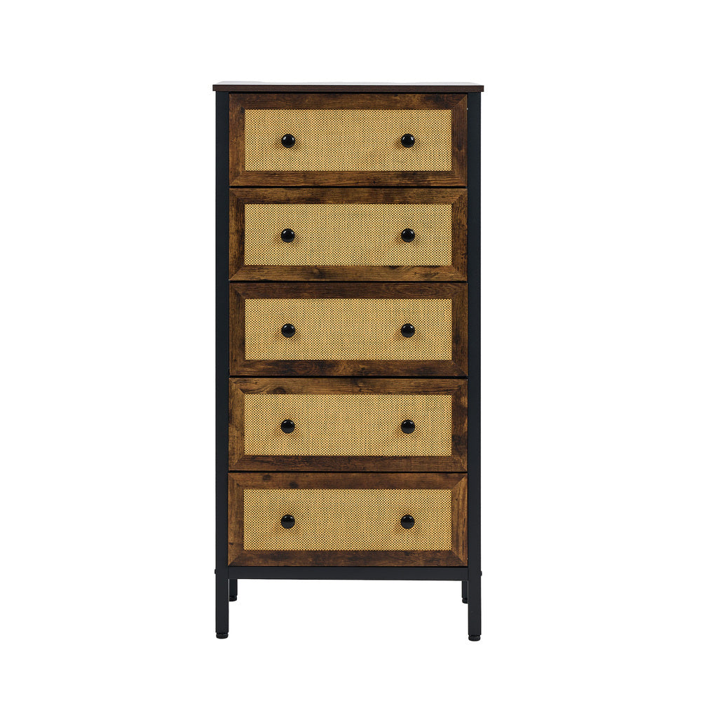 Oikiture 5 Chest of Drawers Rattan Fabric Dresser Tallboy-Chest of Drawers-PEROZ Accessories