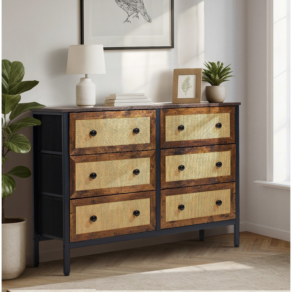 Oikiture 6 Chest of Drawers Rattan Fabric Dresser Tallboy-Chest of Drawers-PEROZ Accessories