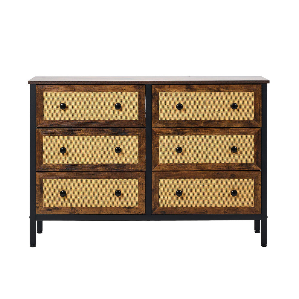 Oikiture 6 Chest of Drawers Rattan Fabric Dresser Tallboy-Chest of Drawers-PEROZ Accessories