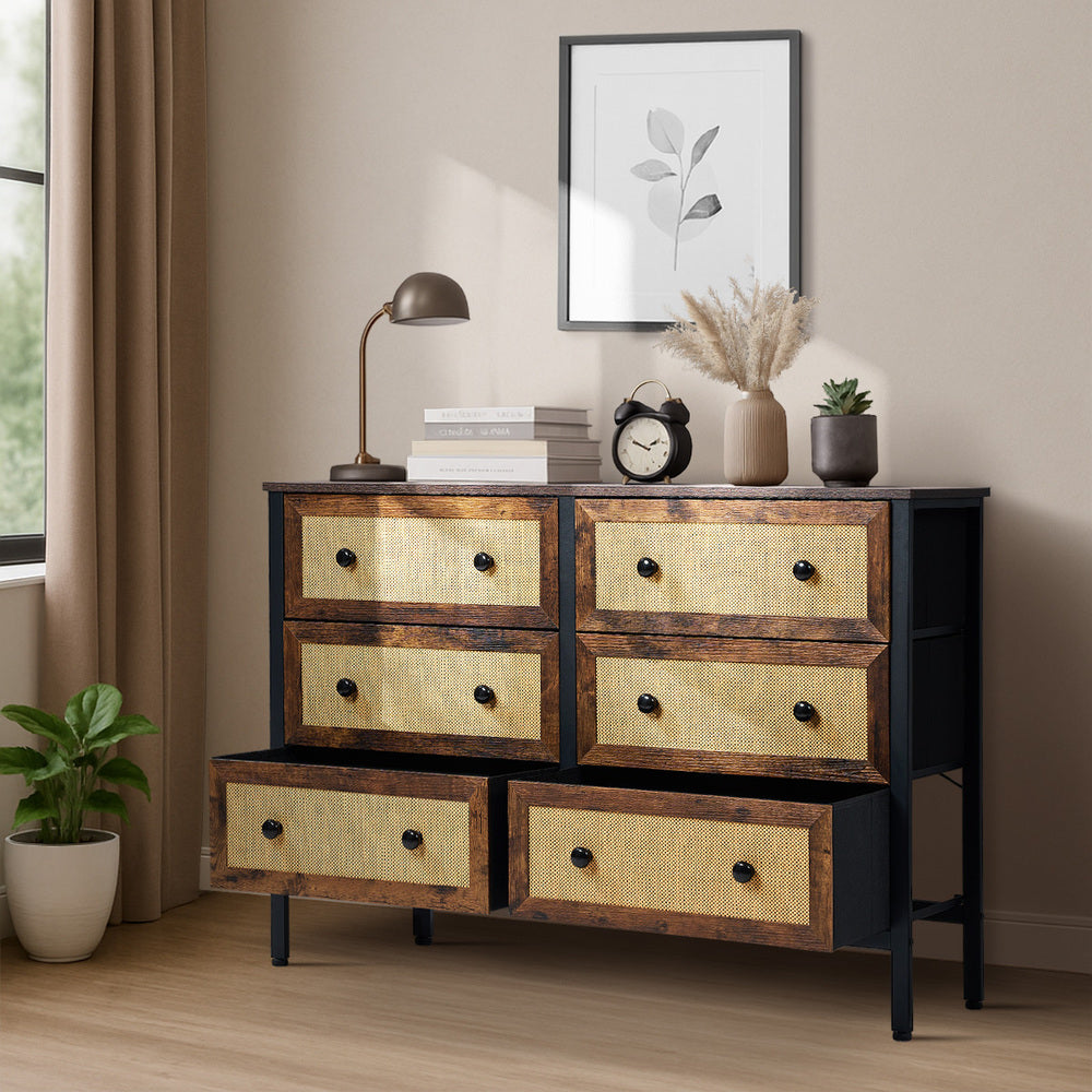 Oikiture 6 Chest of Drawers Rattan Fabric Dresser Tallboy-Chest of Drawers-PEROZ Accessories