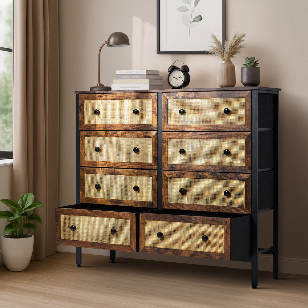 Oikiture 8 Chest of Drawers Rattan Fabric Dresser Tallboy-Chest of Drawers-PEROZ Accessories