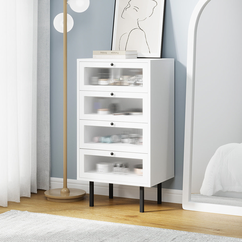 Oikiture 4 Chest of Drawers Tempered Glass Doors White-Chest of Drawers-PEROZ Accessories