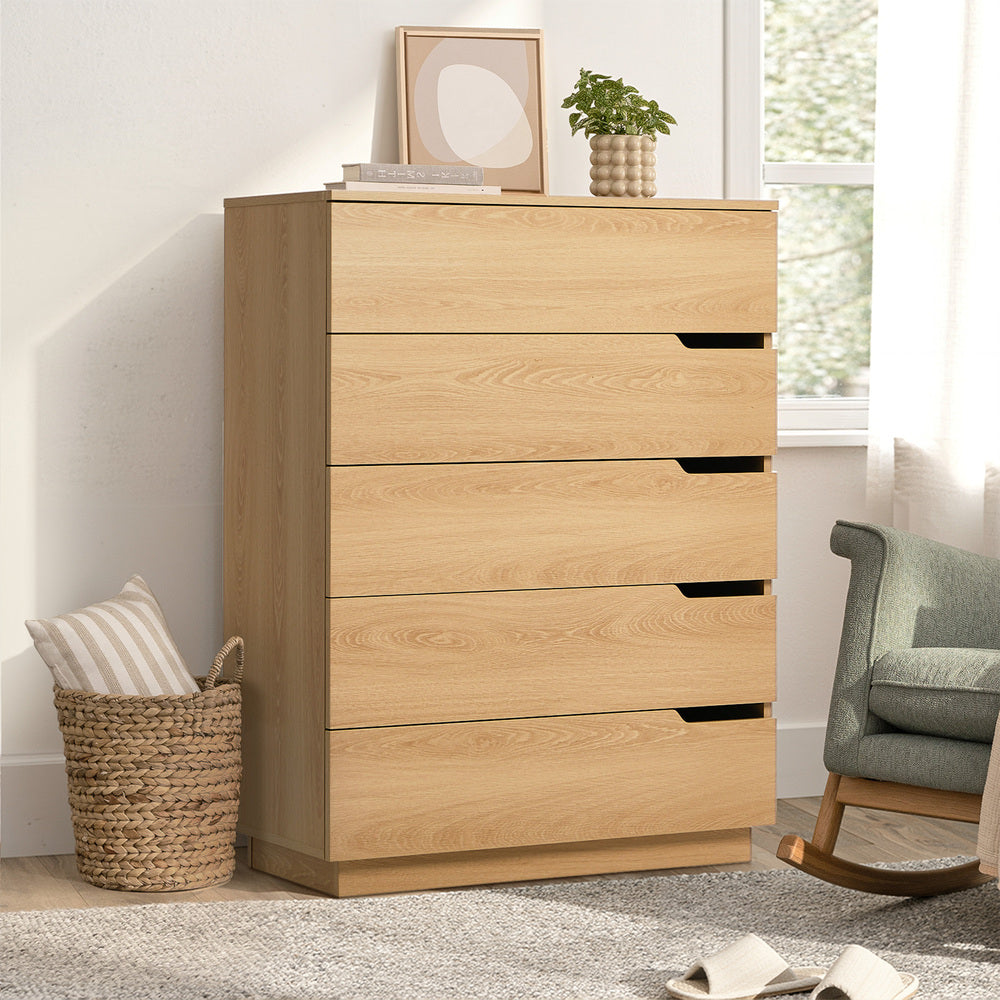 Oikiture 5 Chest of Drawers Dresser Tallboy Storage Cabinet Natural-Chest of Drawers-PEROZ Accessories