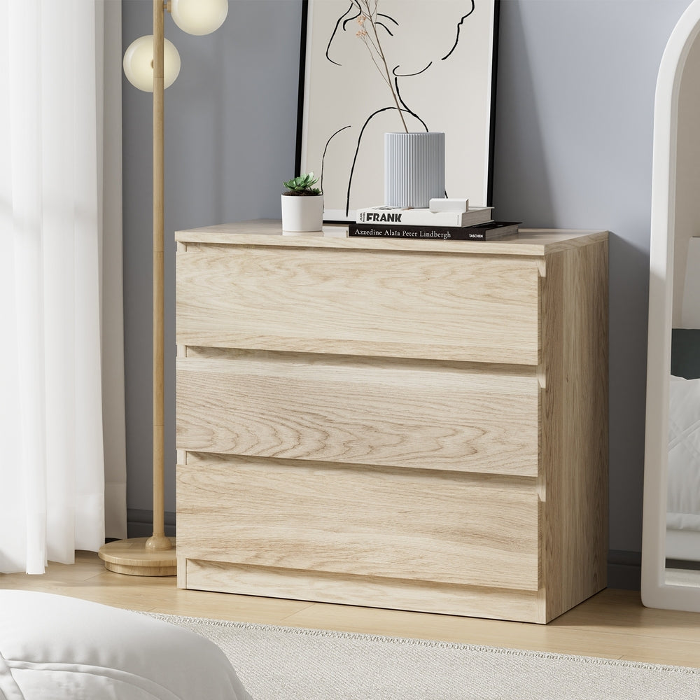 Oikiture 3 Chest of Drawers Lowboy Dresser Table Natural-Chest of Drawers-PEROZ Accessories
