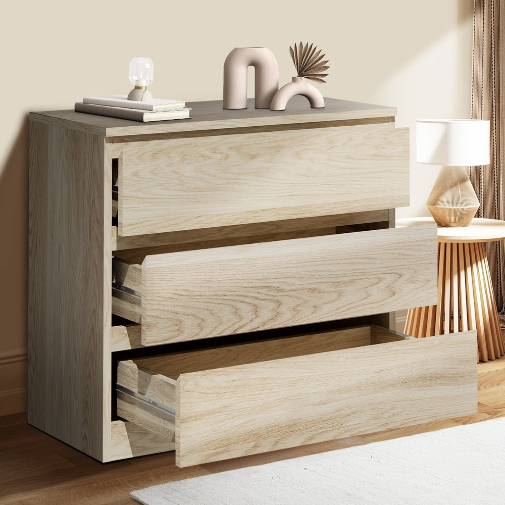 Oikiture 3 Chest of Drawers Lowboy Dresser Table Natural-Chest of Drawers-PEROZ Accessories
