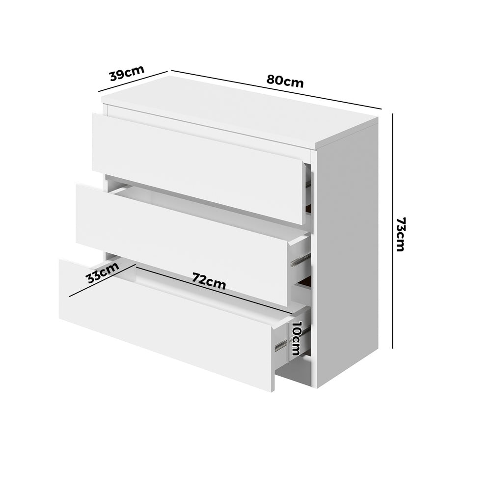 Oikiture 3 Chest of Drawers Lowboy Handle-Free White-Chest of Drawers-PEROZ Accessories