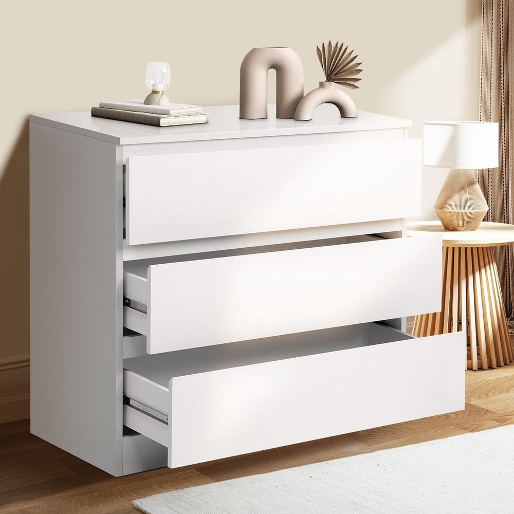 Oikiture 3 Chest of Drawers Lowboy Handle-Free White-Chest of Drawers-PEROZ Accessories