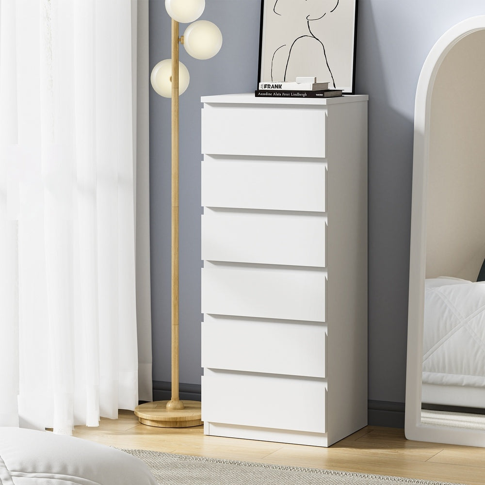 Oikiture 6 Chest of Drawers Lowboy Handle-Free White-Chest of Drawers-PEROZ Accessories