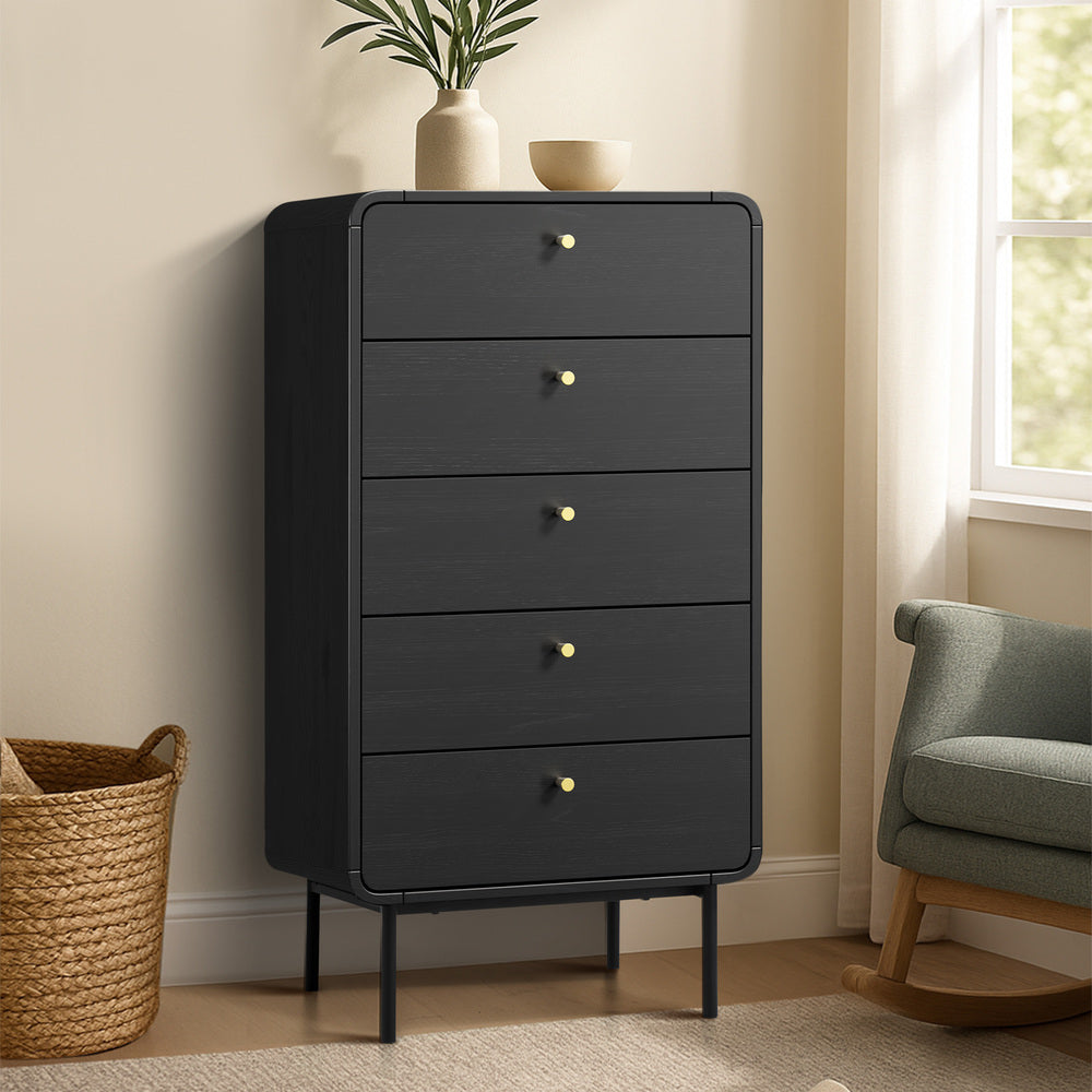 Oikiture 5 Chest of Drawers Dresser Tallboy Metal Handle Black-Chest of Drawers-PEROZ Accessories
