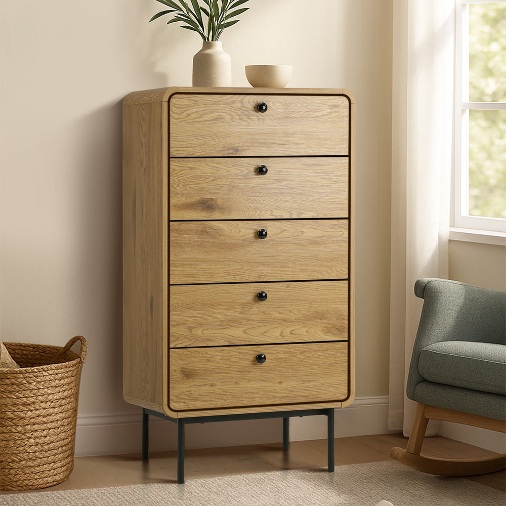 Oikiture 5 Chest of Drawers Dresser Tallboy Wooden Handle Natural-Chest of Drawers-PEROZ Accessories