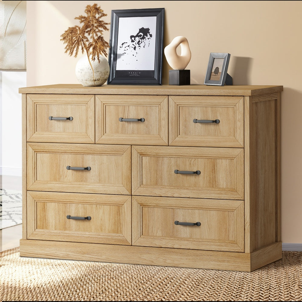 Oikiture 7 Chest of Drawers Bedside Dresser Tallboy Storage Natural-Chest of Drawers-PEROZ Accessories