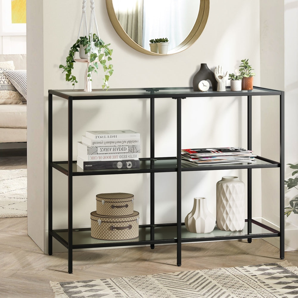 Oikiture Console Table Tempered Glass 3 Shelves Black-Console Table-PEROZ Accessories
