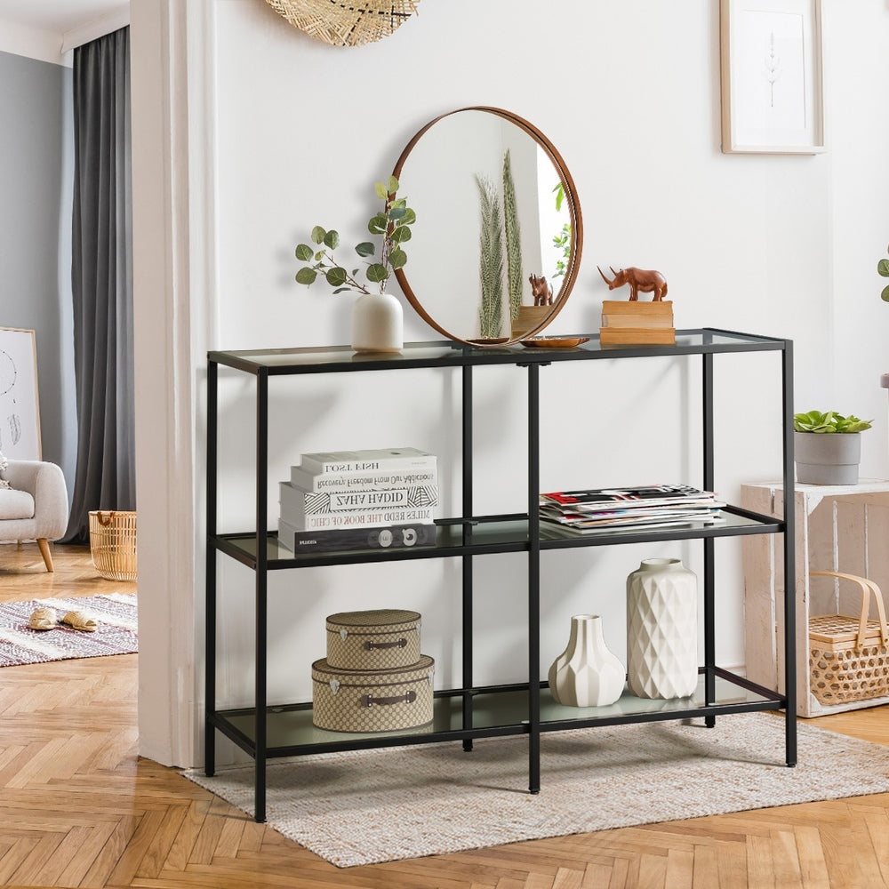 Oikiture Console Table Tempered Glass 3 Shelves Black-Console Table-PEROZ Accessories