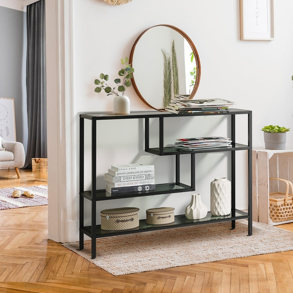 Oikiture Console Table Tempered Glass 4 Shelves Black-Console Table-PEROZ Accessories