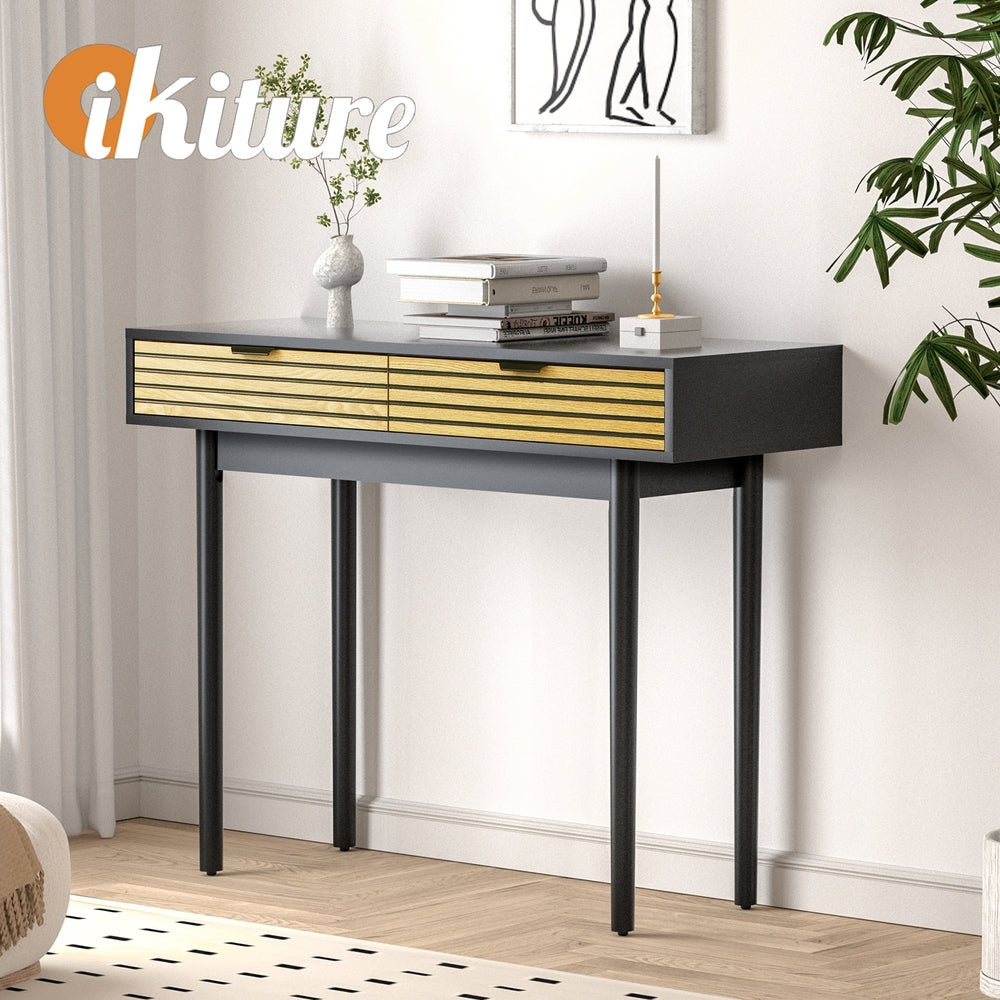 Oikiture Console Table, 100cm Entry Hallway Side Table with 2 Storage Drawer Display Desk Black-Console Tables-PEROZ Accessories