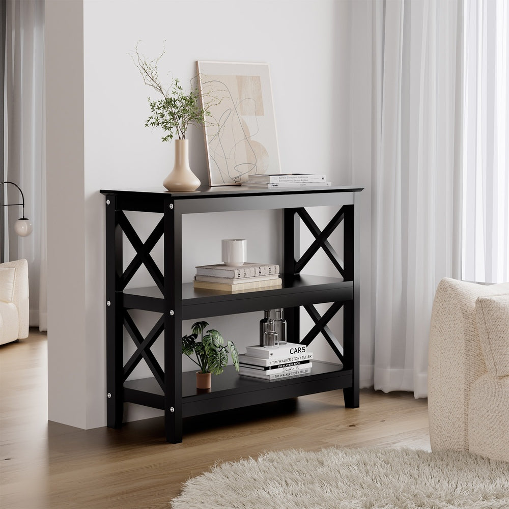 Oikiture 3-Tier Console Table X-Design Wooden Black-Console Tables-PEROZ Accessories