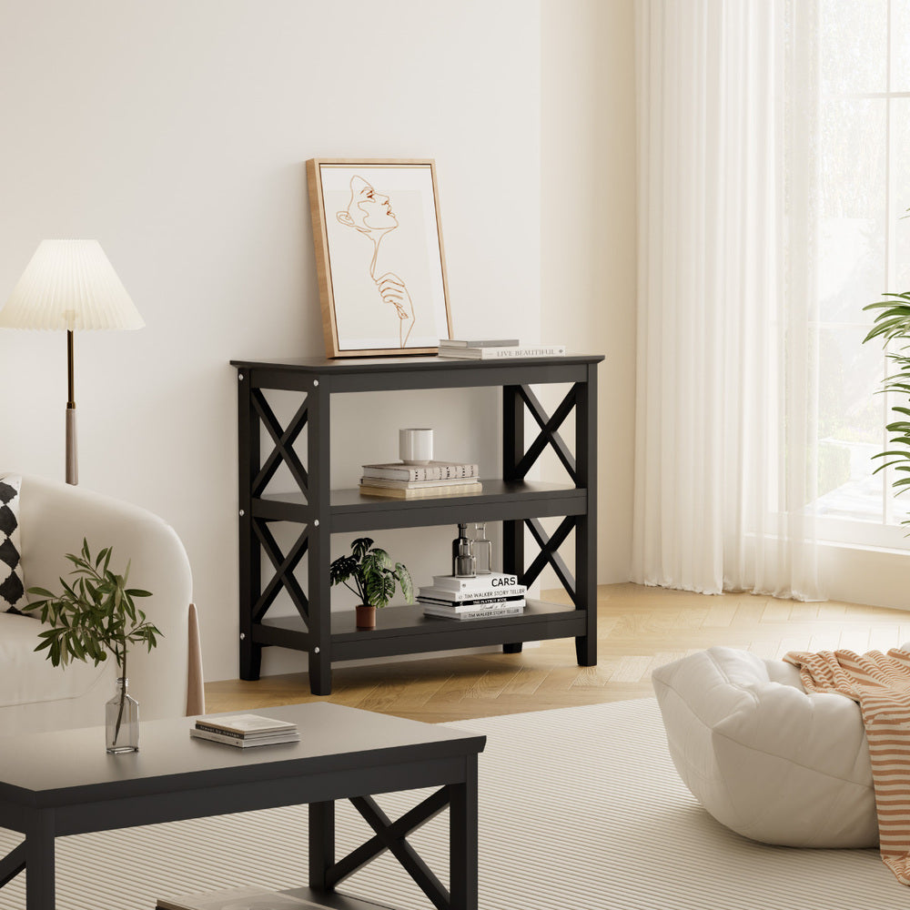 Oikiture 3-Tier Console Table X-Design Wooden Black-Console Tables-PEROZ Accessories