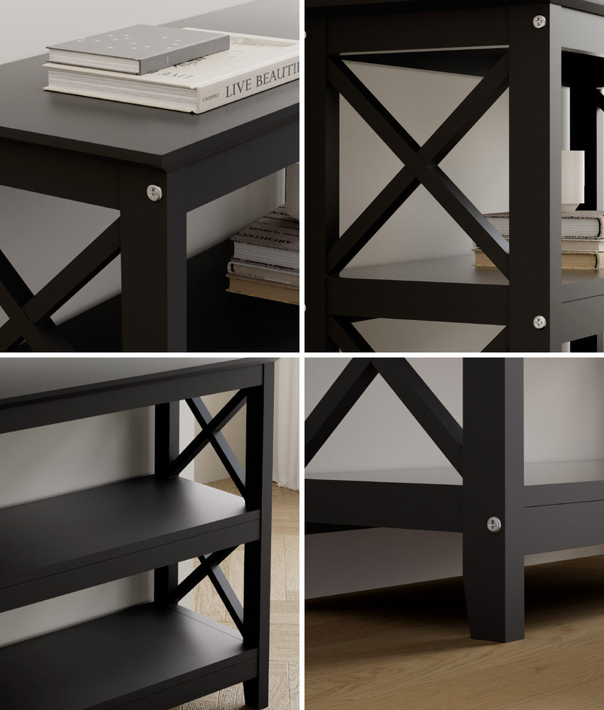 Oikiture 3-Tier Console Table X-Design Wooden Black-Console Tables-PEROZ Accessories