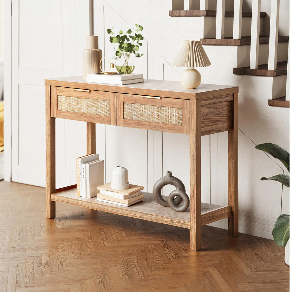 Oikiture Console Table 2 Drawers Entry Table Display Shelf Natural-Console Table-PEROZ Accessories