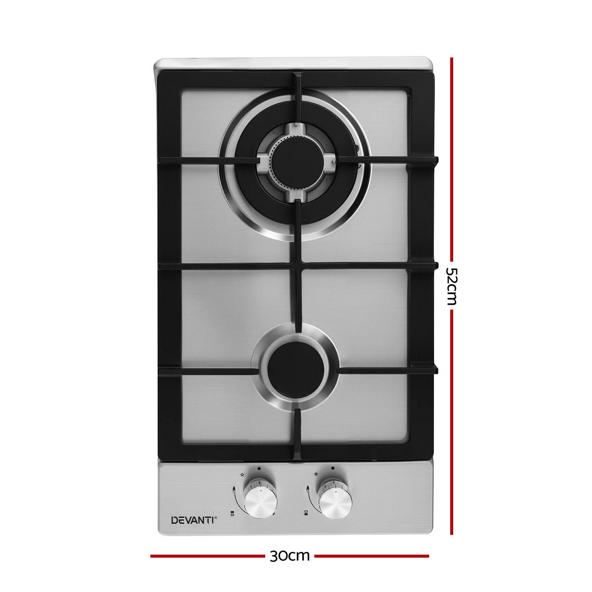 Devanti Gas Cooktop 30cm 2 Burner Silver-Appliances > Kitchen Appliances > Cooktops & Stoves-PEROZ Accessories
