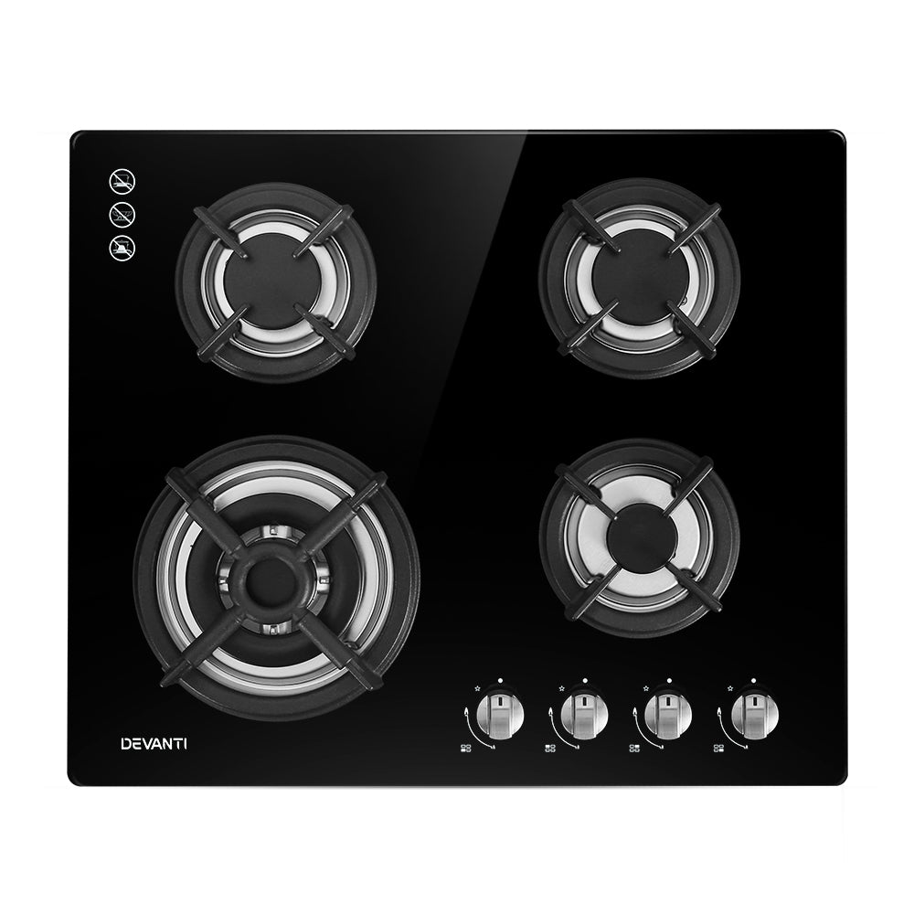 Devanti Gas Cooktop 60cm 4 Burner Black-Appliances > Kitchen Appliances-PEROZ Accessories