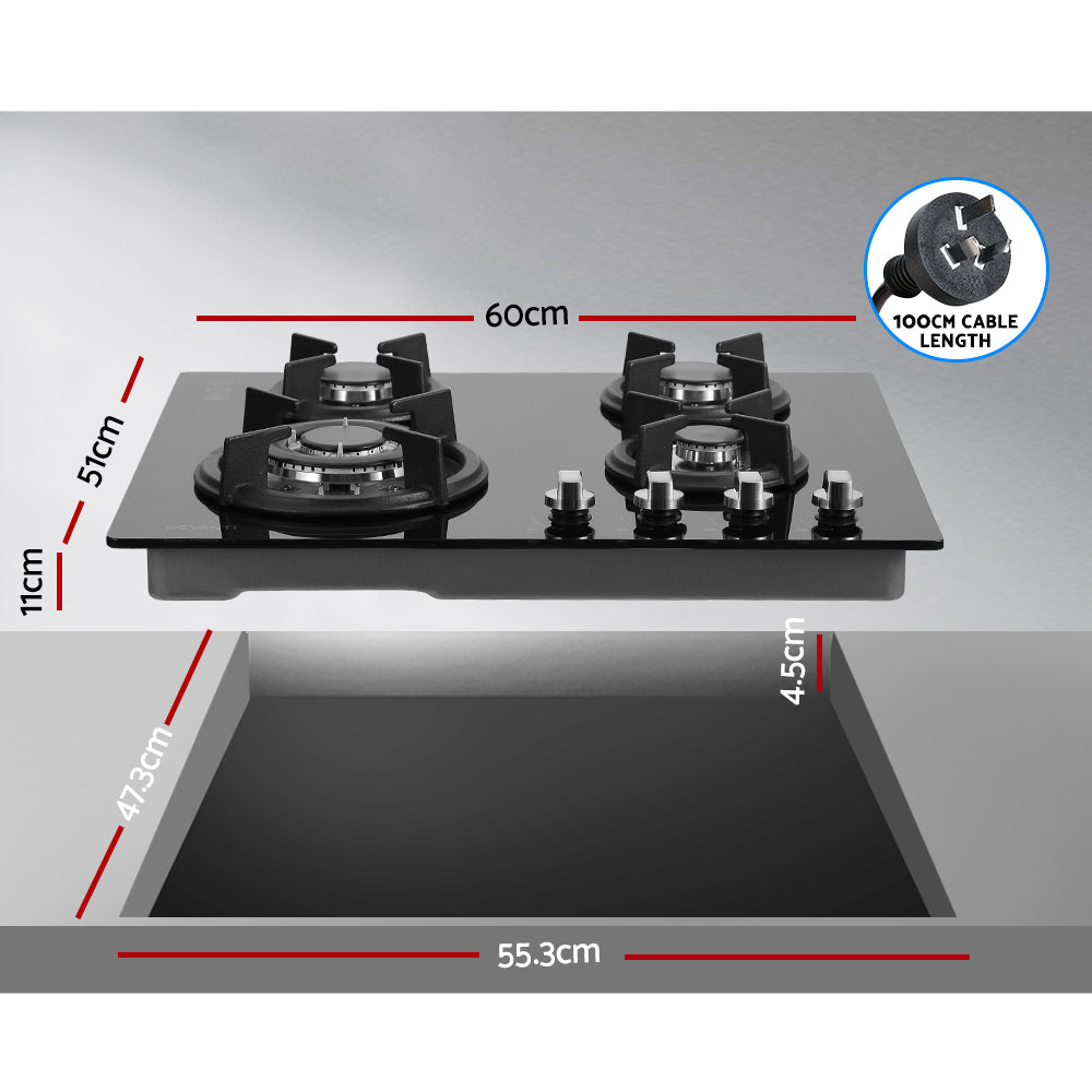 Devanti Gas Cooktop 60cm 4 Burner Black-Appliances > Kitchen Appliances-PEROZ Accessories