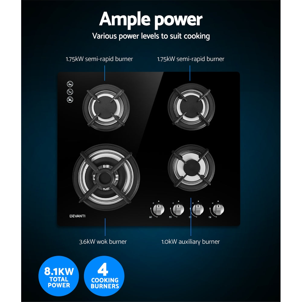 Devanti Gas Cooktop 60cm 4 Burner Black-Appliances > Kitchen Appliances-PEROZ Accessories