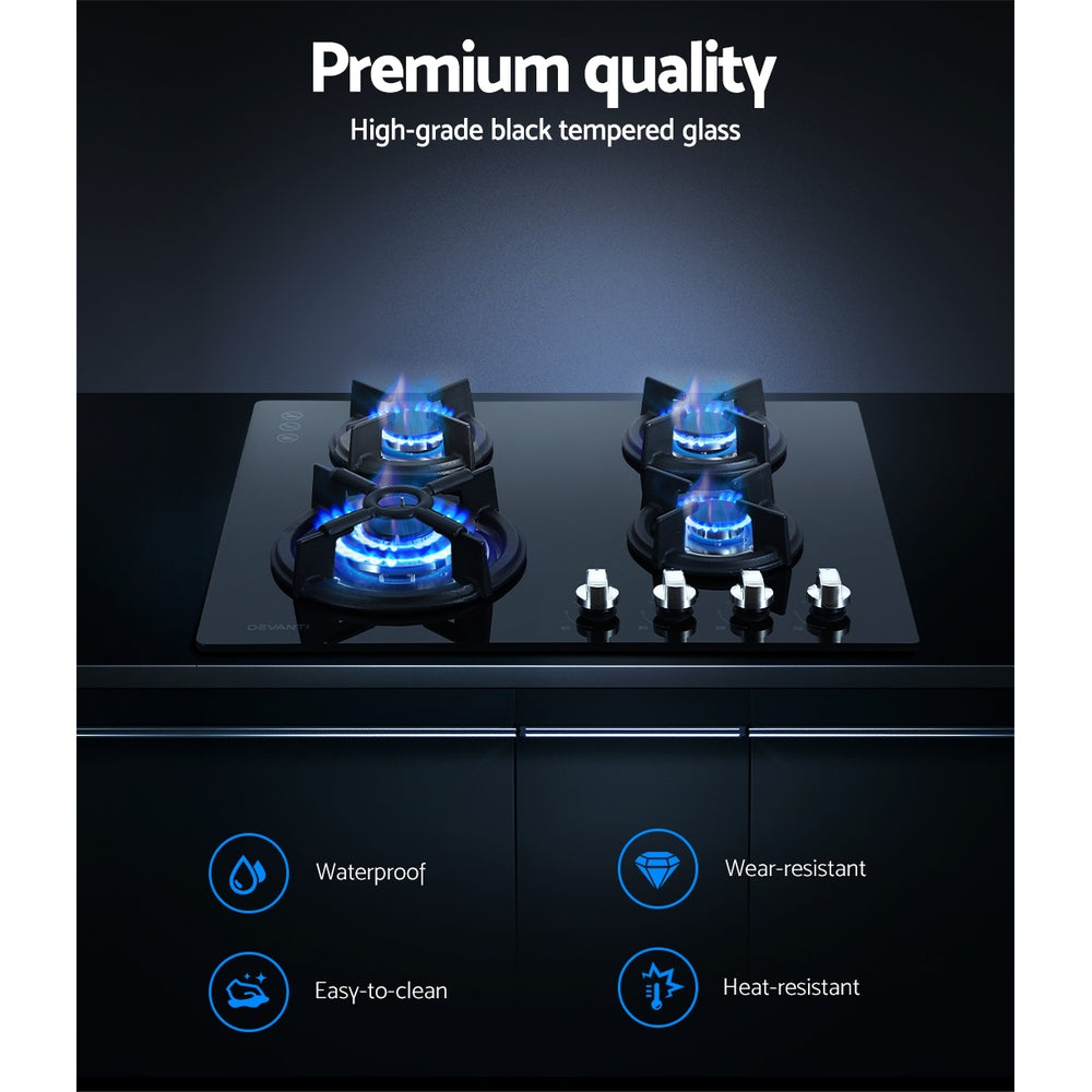 Devanti Gas Cooktop 60cm 4 Burner Black-Appliances > Kitchen Appliances-PEROZ Accessories