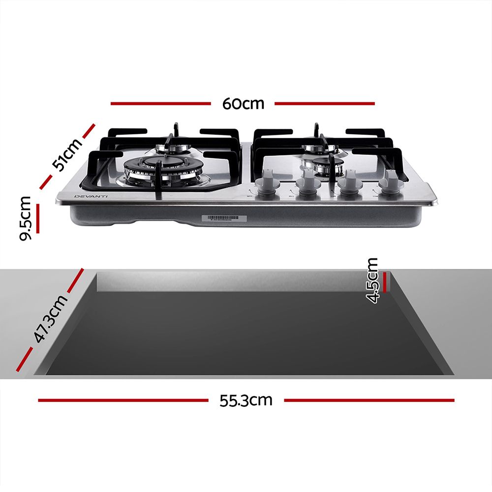 Devanti Gas Cooktop 60cm 4 Burner Silvir-Appliances > Kitchen Appliances-PEROZ Accessories