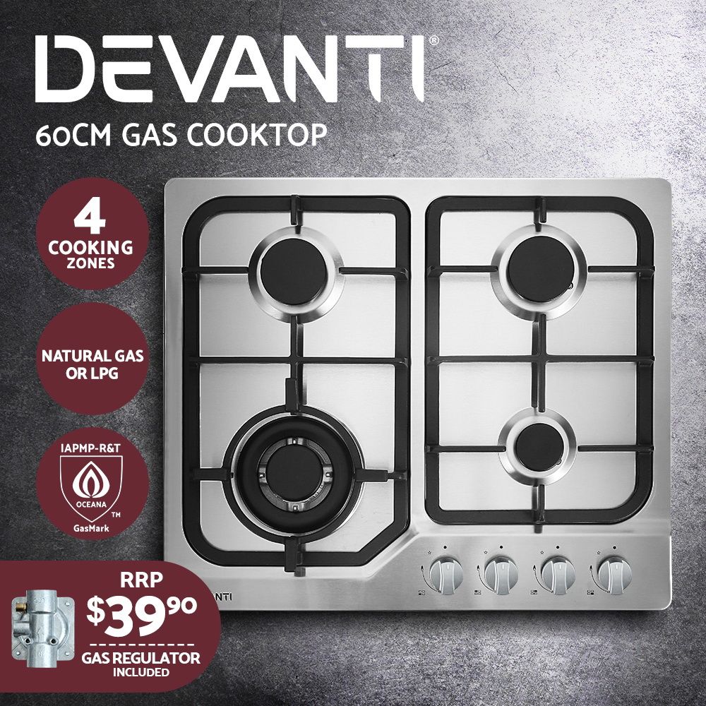 Devanti Gas Cooktop 60cm 4 Burner Silvir-Appliances > Kitchen Appliances-PEROZ Accessories