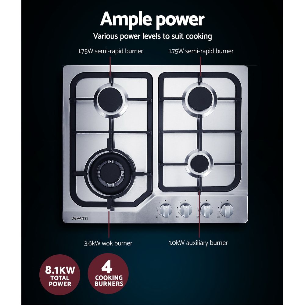 Devanti Gas Cooktop 60cm 4 Burner Silvir-Appliances > Kitchen Appliances-PEROZ Accessories
