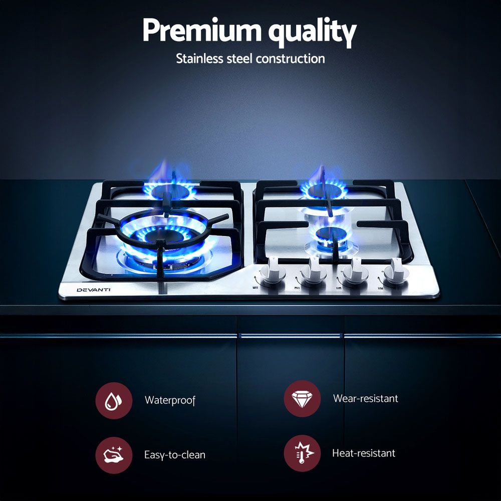 Devanti Gas Cooktop 60cm 4 Burner Silvir-Appliances > Kitchen Appliances-PEROZ Accessories
