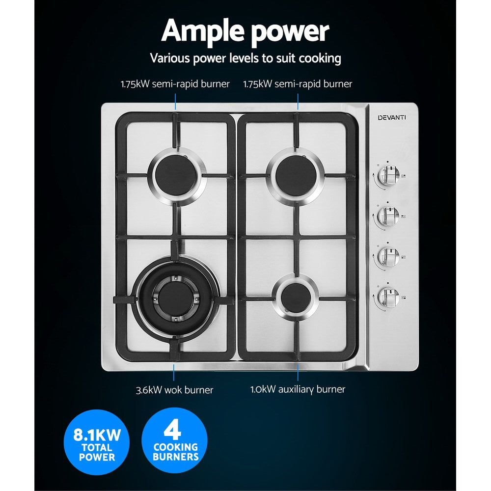 Devanti Gas Cooktop 60cm Stove Hob Silvir-Appliances > Kitchen Appliances-PEROZ Accessories