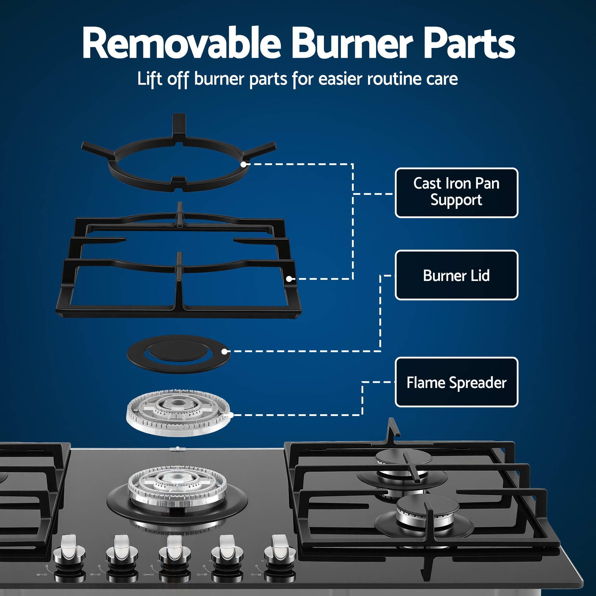 Devanti 90cm Gas Cooktop 5 Burner LPG NG Tempered Glass Hob Black-Appliances > Kitchen Appliances > Cooktops & Stoves-PEROZ Accessories