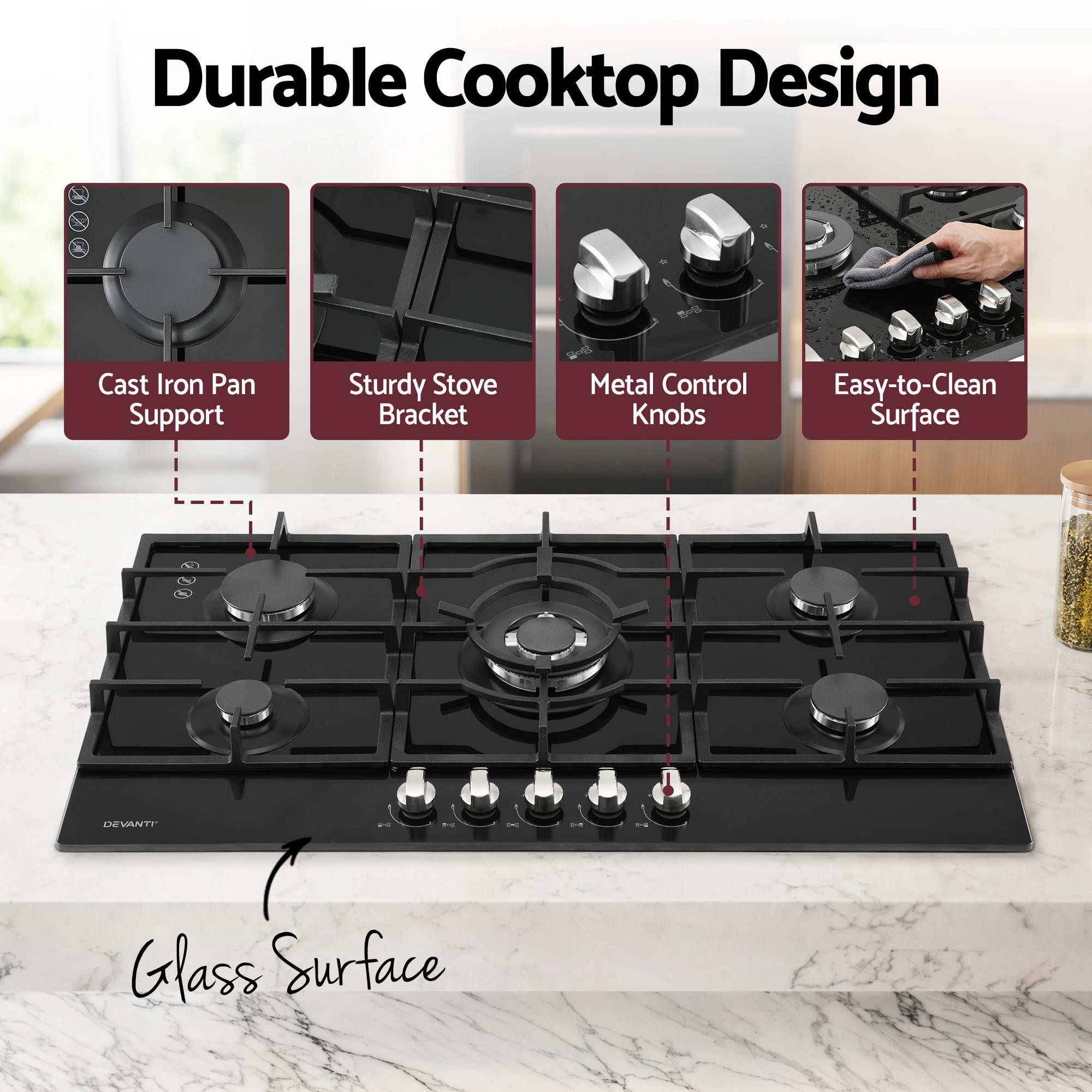 Devanti 90cm Gas Cooktop 5 Burner LPG NG Tempered Glass Hob Black-Appliances > Kitchen Appliances > Cooktops & Stoves-PEROZ Accessories