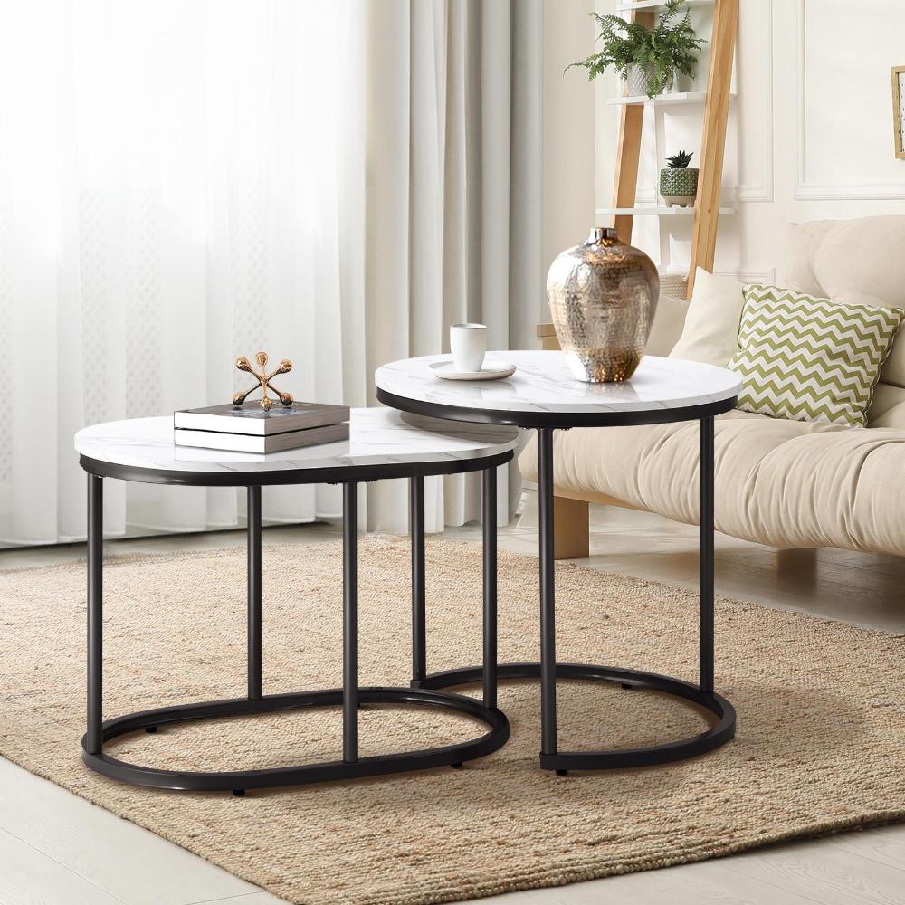 Oikiture Set of 2 Coffee Table Round Oval Marble Nesting Side End Table Black-Coffee Table-PEROZ Accessories