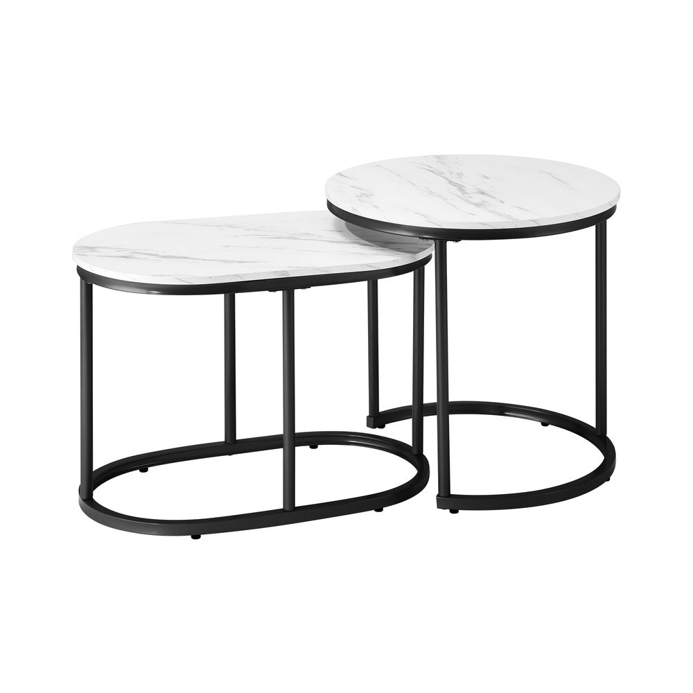 Oikiture Set of 2 Coffee Table Round Oval Marble Nesting Side End Table Black-Coffee Table-PEROZ Accessories