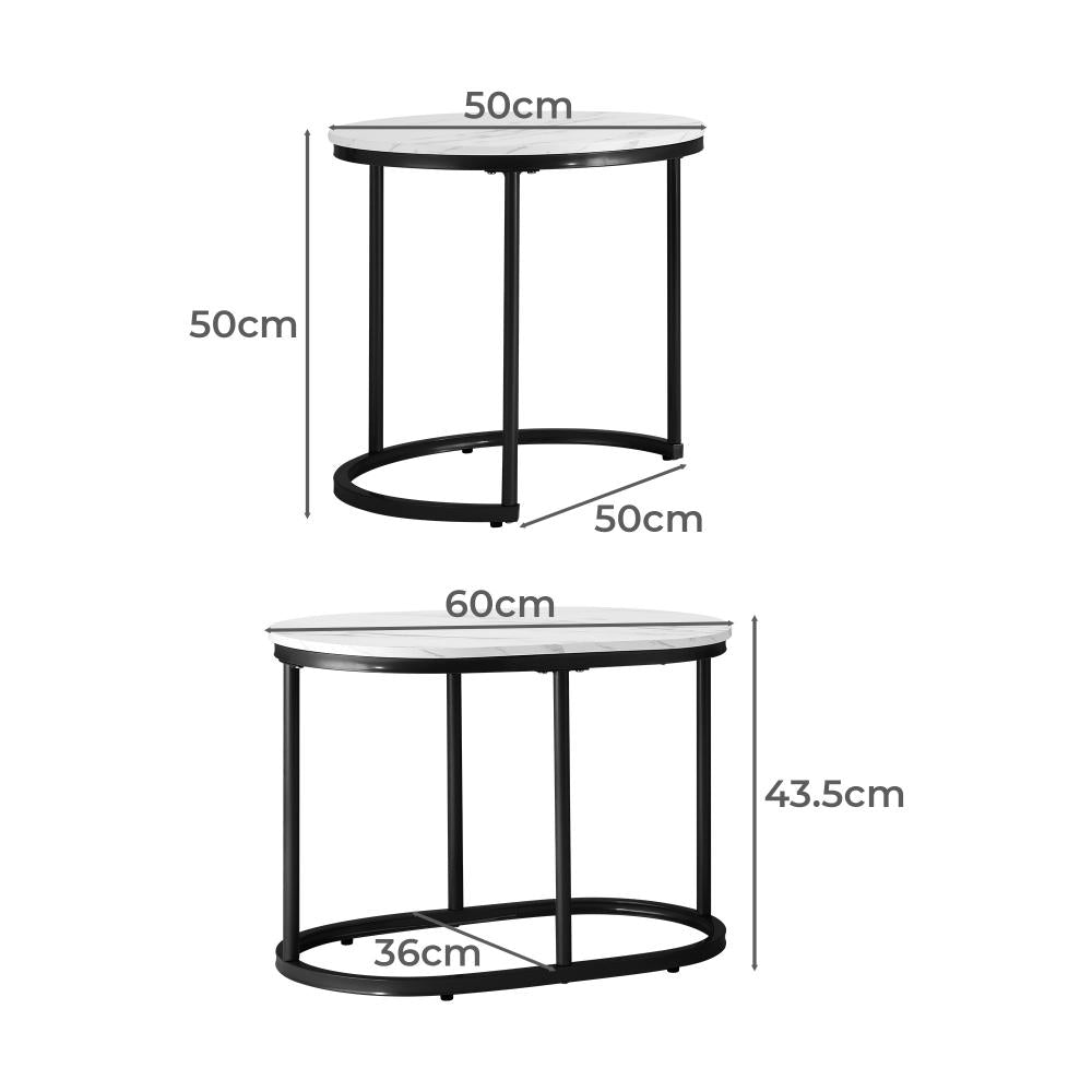Oikiture Set of 2 Coffee Table Round Oval Marble Nesting Side End Table Black-Coffee Table-PEROZ Accessories