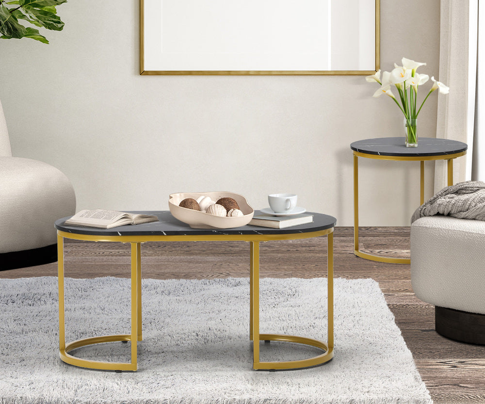 Oikiture Nesting Coffee Table Set of 2 Marble Effect Gold Black-Coffee Table-PEROZ Accessories