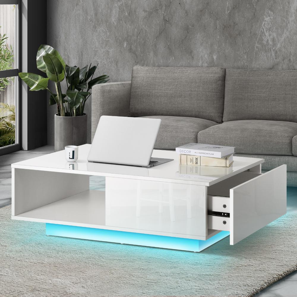 Oikiture Coffee Table LED Light High Gloss Storage Drawer Modern Furniture White-Coffee Tables-PEROZ Accessories