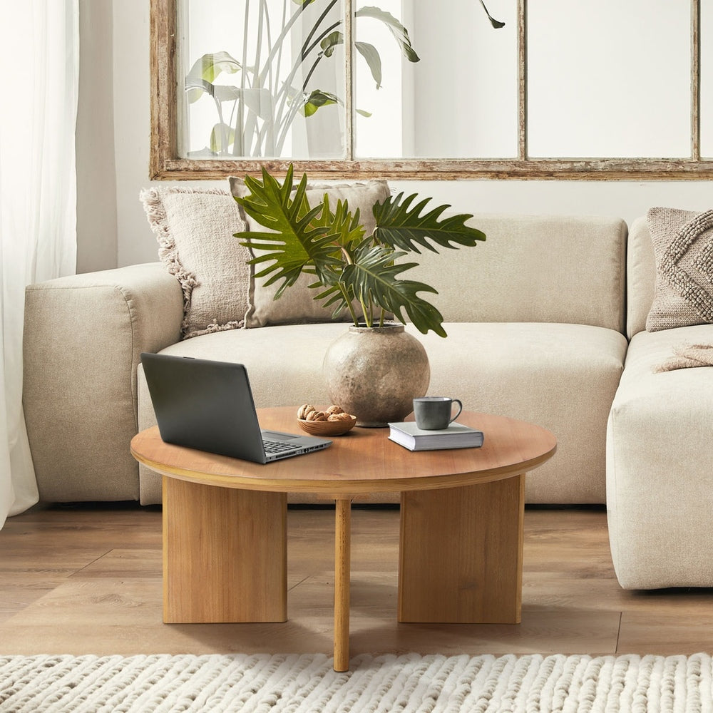 Oikiture Coffee Table Round Side End Tables Wooden Natural-Coffee Tables-PEROZ Accessories